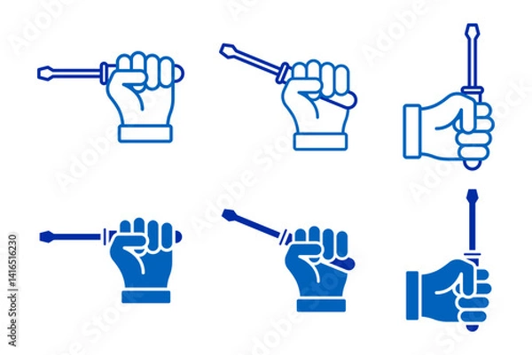 Fototapeta Vector isolated Screw Driver in Hand icon set in blue outline and fill