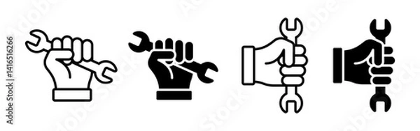 Fototapeta Vector isolated Wrench in Hand icon set in black outline and fill