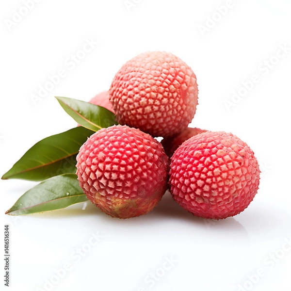 Fototapeta Fresh Ripe Lychee with Leaves Isolated on White Background – Juicy Summer Tropical Fruit