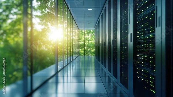 Fototapeta A smart data center using green energy for sustainable IT reliability.