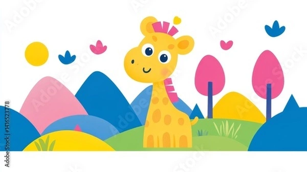 Fototapeta Whimsical Giraffe Adventure Cartoon Vector Illustration featuring Happy Animal on Landscape Background ideal for Kids Education Material Project