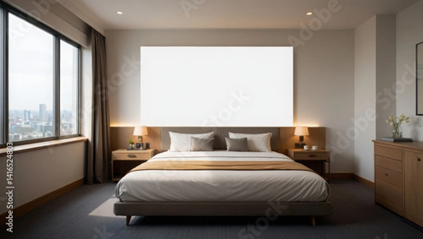 Fototapeta Modern minimalist bedroom with large bed, city view window and warm ambient lighting – contemporary interior design