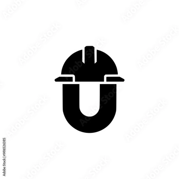 Fototapeta Letter U with Construction Helmet Graphic, Stylized black letter U topped with a construction hard hat, symbolizing safety, industry, and labor in a creative letterform.

