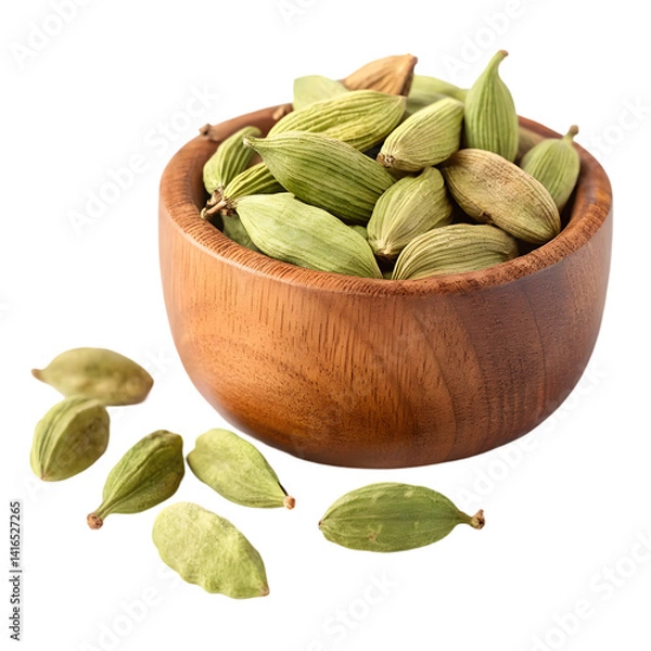 Fototapeta Fresh Green Cardamom Pods in Wooden Bowl: Aromatic Spice Image on transparent background
