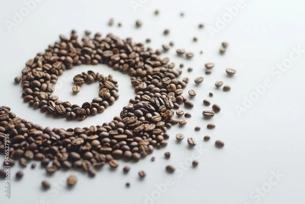 Obraz A spiral design created with scattered coffee beans on a light surface, showcasing a creative arrangement of natural coffee elements.