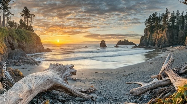 Fototapeta A driftwood log washed up on a quiet beach, with the sun setting over the horizon, providing the perfect frame for a summer memory to be added