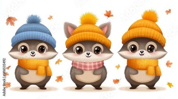Fototapeta Illustrative whimsy featuring a trio of stylized woodland creatures adorned in cozy winter hats and autumnal leaves, a charming seasonal portrayal.