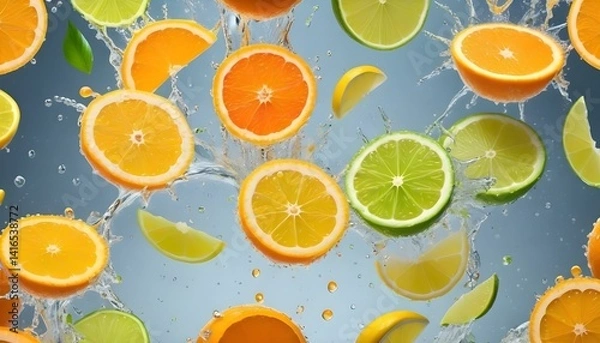 Fototapeta Dynamic arrangement of citrus fruit slices bursting with water against a light-blue background.