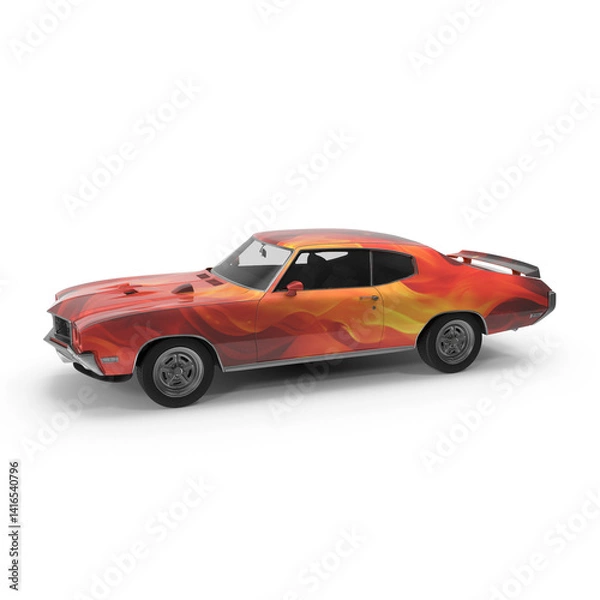 Fototapeta 3D Classic Muscle Car with Flame Design on White Background