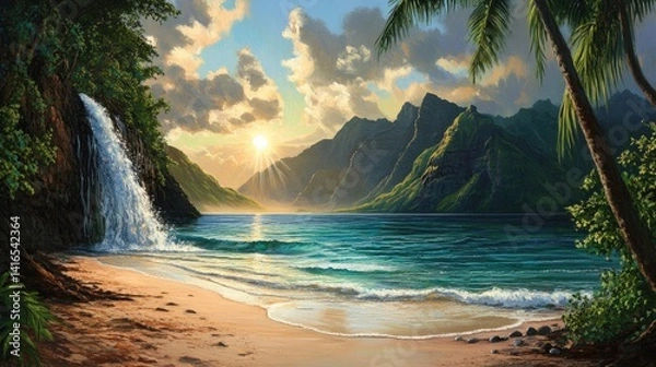 Obraz Secluded paradise, a tropical island beach with waterfall at sunset