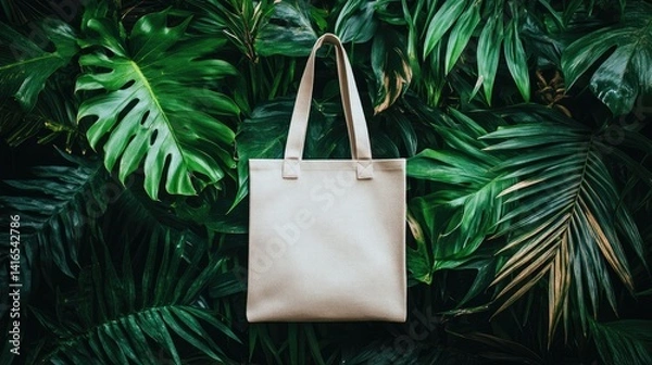 Obraz Elegant eco-friendly bag mockup against a backdrop of lush tropical foliage