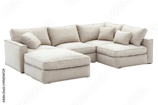 Fototapeta 3D render of modern sofa with cushions, isolated on white background, photorealistic fabric texture, clean shadows, side copy space