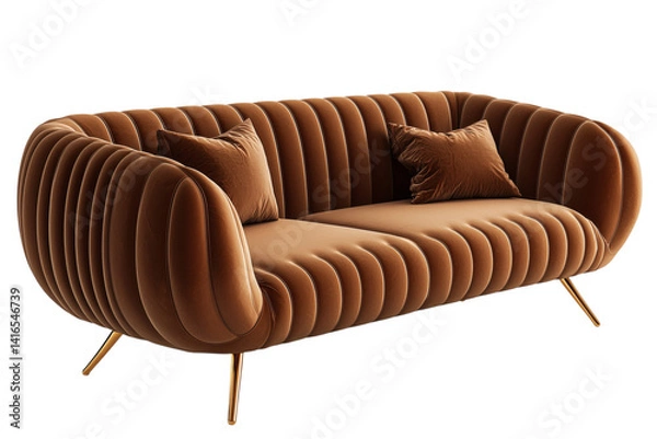 Fototapeta 3D render of modern sofa with cushions, isolated on white background, photorealistic fabric texture, clean shadows, side copy space