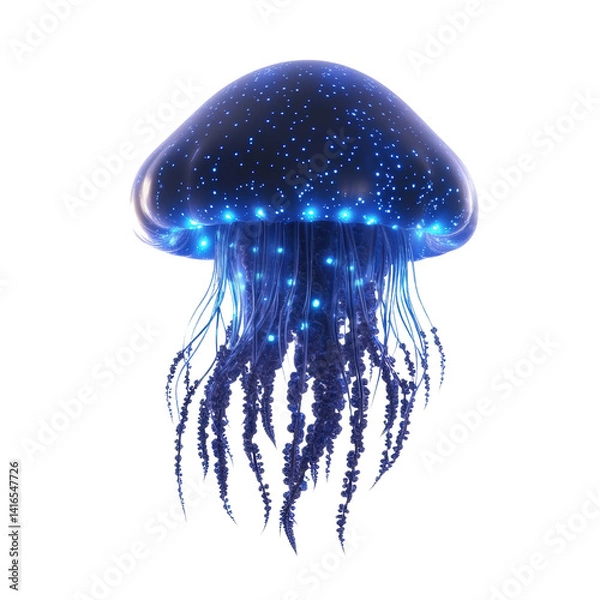 Obraz Glowing blue jellyfish with bioluminescent tentacles floating in dark ocean depth