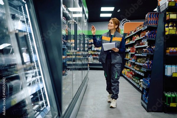Obraz Happy supermarket manager examining stock of supplies at refrigerated section.