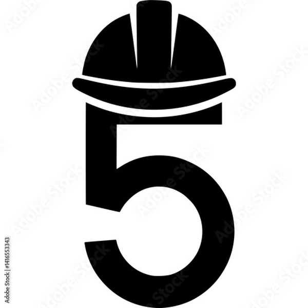 Fototapeta Number 5 with Construction Helmet Graphic Design, Stylized black number 5 illustrated with a construction hard hat, symbolizing safety, engineering, and industrial labor in bold form.

