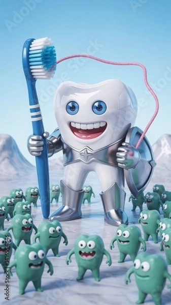 Obraz A cartoon scene with a big, friendly-looking white tooth dressed as a shiny knight in armor, holding a toothbrush like a sword and a floss shield
