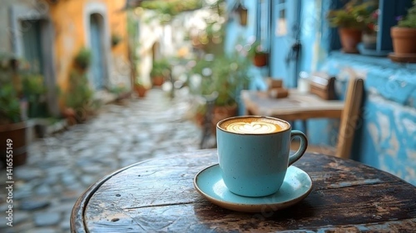 Fototapeta Cozy caf scene with coffee cup on a bistro table overlooking a charming cobblestone street