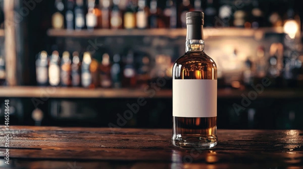 Fototapeta Elegant top-down shot of a premium liquor bottle with a blank label, placed on a vintage wooden bar counter