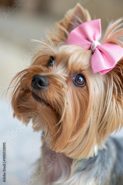Fototapeta A Yorkshire Terrier with silky fur, bright eyes, and a confident personality. A small but fearless breed, full of charm, intelligence, and affection
