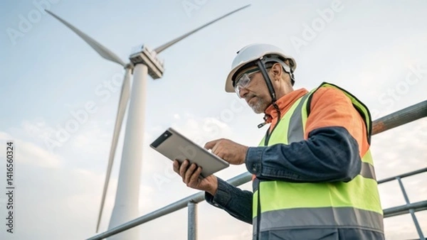 Fototapeta Low-carbon and decarbonization concept, Professional worker using a tablet near a wind turbine in a renewable energy setting.