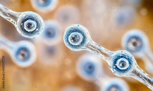 Obraz Microscopic View of Connected Cells Network Detailed Blue and Gold Cellular Structure Science Background