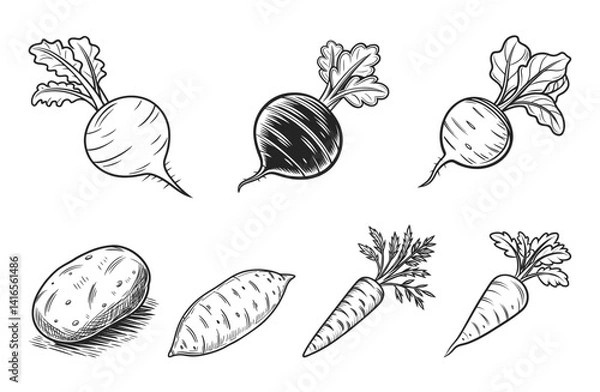 Fototapeta Root Vegetables: Carrot Beetroot Radish Turnip Sweet Potato Potato Parsnip