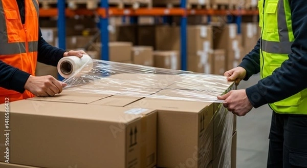 Obraz Two warehouse workers wrapping cardboard boxes with stretch film in a distribution center