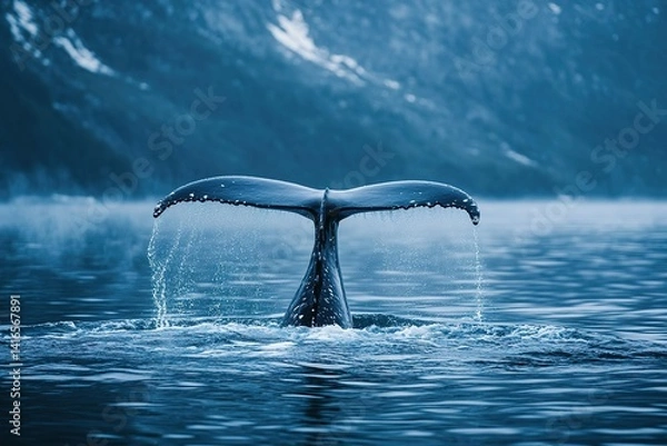 Fototapeta A calm whale with a giant tail fin emerging from the water, splashing around it