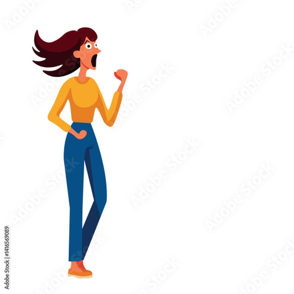 Fototapeta Angry cartoon girl with fists ready, isolate on white, simple flat style, minimalism