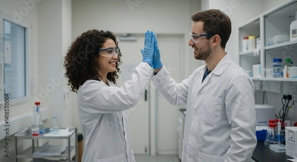 Obraz Two Scientists High-Five in Modern Laboratory, Celebrating Success in Research and Development