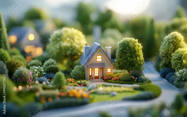 Obraz A cozy house surrounded by vibrant flowers and lush trees, creating a serene and inviting atmosphere.