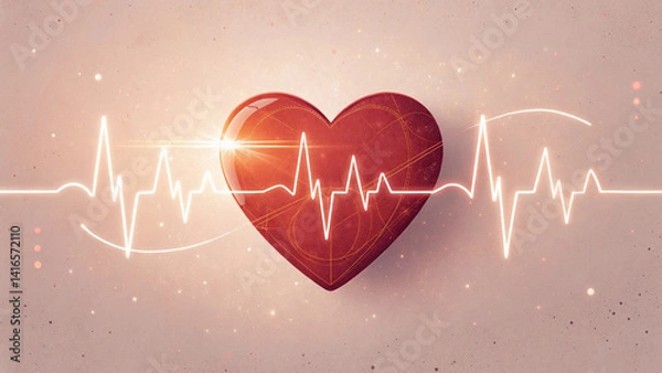 Obraz Glossy red heart with ECG line on soft beige bokeh background

