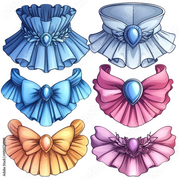 Obraz Various colorful collar and neckline styles with decorative elements and gemstones. designs include blue, pink, and orange colors, featuring ruffles and bows, showcasing variety of fashion styles