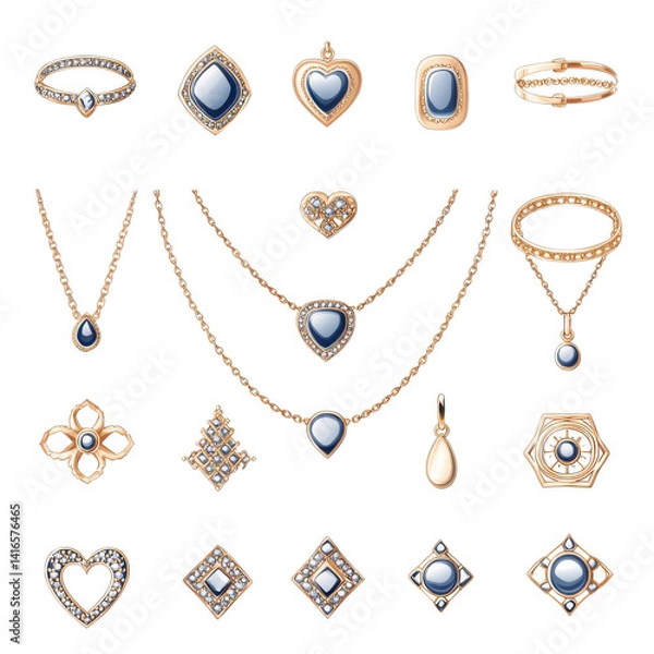 Obraz Elegant vector art of jewelry pieces including necklaces, bracelets, and rings with intricate designs and gemstones. collection showcases variety of styles and shapes, perfect for fashion