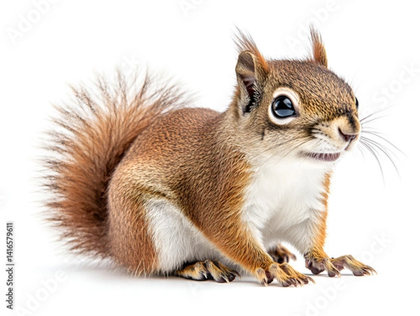 Fototapeta A cute grey squirrel, a furry mammal with a bushy tail, enjoys eating a nut on a white background