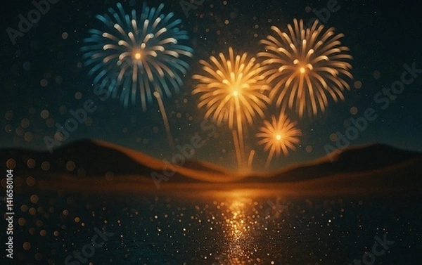 Obraz Fuegos artificiales iluminan el cielo y se reflejan en el agua durante una noche festiva en el desierto