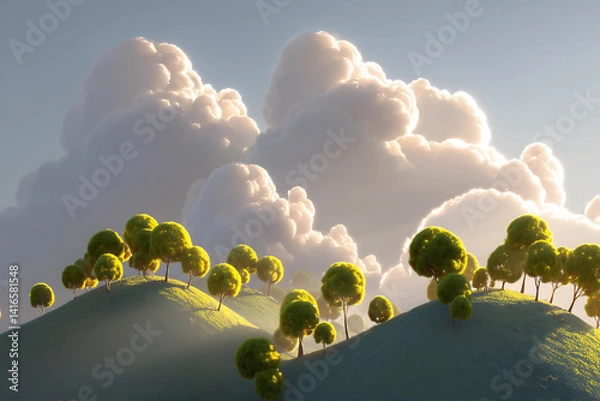 Fototapeta serene landscape features rolling hills adorned with fluffy trees under sky filled with soft clouds. gentle light creates peaceful atmosphere, inviting tranquility and reflection