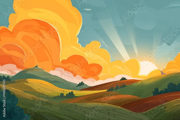 Fototapeta vibrant landscape showcases rolling hills under colorful sky filled with orange and yellow clouds. sun rises, casting warm light over lush fields, creating serene and picturesque scene