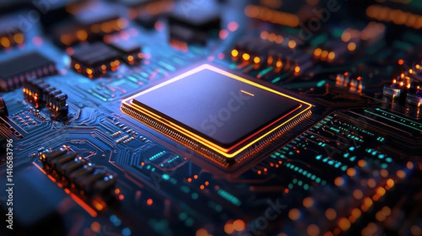 Obraz Close-Up of Glowing Microchip on Circuit Board