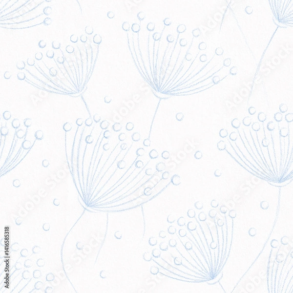 Fototapeta Soft delicate Blue Nature floral seamless pattern. Pencil drawing dandelion flowers on white paper texture background. Template for design, textile, wallpaper, ceramics.