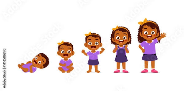 Fototapeta Illustration of a Happy Little Girl Showing Different Stages of Development and Growth