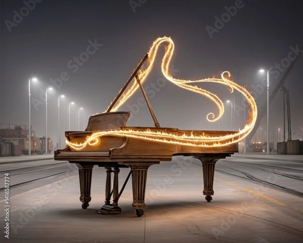 Obraz A grand piano surrounded by glowing, swirling flames in an industrial setting, creating a striking contrast between music and fire.