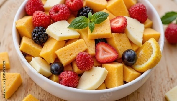 Fototapeta Photo of a freshness of summer captured in a vibrant and healthy gourmet fruit salad.