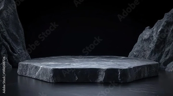 Fototapeta Stone podium display stand with rocks for displaying products against a black background, surreal style, 3d rendering