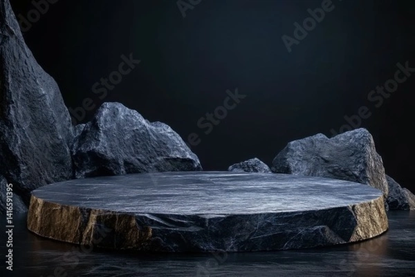 Fototapeta Stone podium display stand with rocks for displaying products against a black background, surreal style, 3d rendering