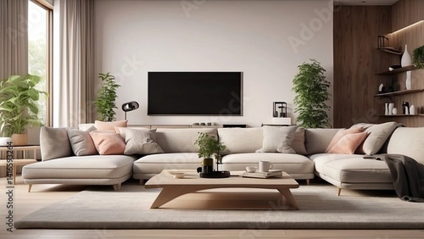 Fototapeta An overhead view of a modern living room featuring a light gray sofa and an orange couch