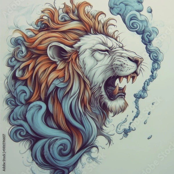 Obraz Roaring Lion Portrait with Blue and Orange Clouds