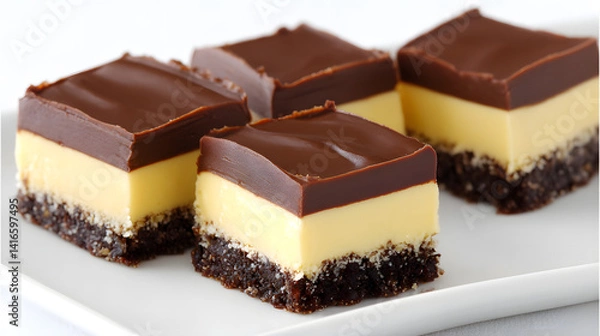 Fototapeta Delicious Nanaimo Bars with Creamy Custard Layer and Smooth Chocolate Topping on a White Plate