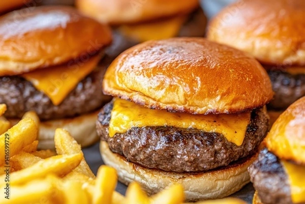 Fototapeta Cheeseburgers arranged with fries. Golden buns and melted cheddar, closeup and appetizing
